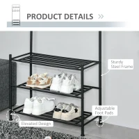 HOMCOM Coat Rack Stand Hall Tree Hallway Furniture with 18 Hooks 3-Tier Shoe Rack Metal Frame for Entryway Bedroom Living Room Black(m-5)