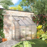 Outsunny 6 X 4ft Walk-In Lean to Greenhouse Garden Heavy Duty Aluminium Polycarbonate with Roof Vent for Plants Herbs Vegetables, Silver(m-2)
