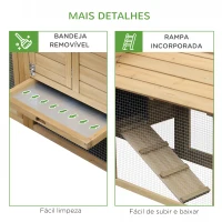 PawHut Galinheiro de Madeira de Abeto para Exterior Gaiola para 2-3 Galinhas com Cercado de Arame Teto Abatível Caixa Ninho Bandeja Removível e Rampa 150,5x54x87cm Natural(m-7)