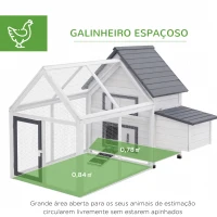 PawHut Galinheiro de Madeira para Exterior Gaiola para Galinhas de 2 Níveis 166x120x112cm com Cercado de Arame Caixa Ninho Bandeja Removível e Rampa Cinza e Branco(m-4)