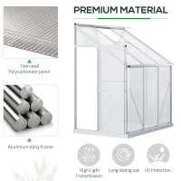 Outsunny 6 X 4ft Walk-In Lean to Greenhouse Garden Heavy Duty Aluminium Polycarbonate with Roof Vent for Plants Herbs Vegetables, Silver(m-6)