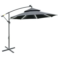 Outsunny 3(m) Cantilever Banana Parasol Hanging Umbrella with LED Solar lights, Crank, 8 Sturdy Ribs and Cross Base for Outdoor, Garden, Patio, Black(m-1)