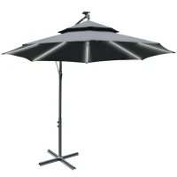 Outsunny 3(m) Cantilever Banana Parasol Hanging Umbrella with LED Solar lights, Crank, 8 Sturdy Ribs and Cross Base for Outdoor, Garden, Patio, Black(m-12)