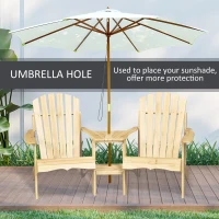 Outsunny Wooden Outdoor Double Adirondack Chairs Loveseat w/ Centre Table and Umbrella Hole, Garden Patio Furniture for Lounging and Relaxing, Natural(m-4)