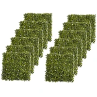Outsunny 12PCS Artificial Boxwood Wall Panels 50cm x 50cm Grass Privacy Fence Screen Faux Hedge Greenery Backdrop Encrypted Milan Grass with White Flowers for Home Garden Backyard Balcony(m-11)
