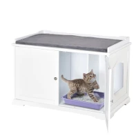 PawHut 95.3 x 54 x 63 cm Wooden Covered Mess Free Cat Litter Box End Table Hideaway Cabinet with Storage for Accessories, White(m-11)