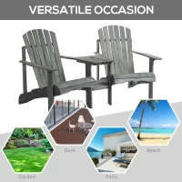 Outsunny Wooden Outdoor Double Adirondack Chairs Loveseat w/ Centre Table and Umbrella Hole, Garden Patio Furniture for Lounging and Relaxing, Grey(m-7)