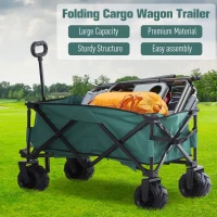 Outsunny Outdoor Pull Along Cart Folding Cargo Wagon Trailer Trolley  for Beach Garden Use with Telescopic Handle, Anti-Slip Wheel - Green(m-5)