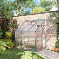 Outsunny 6 x 4ft Lean to Wall Polycarbonate Greenhouse Aluminium Walk-in Garden Greenhouse with Adjustable Roof Vent, Rain Gutter and Sliding Door, Clear(m-8)