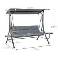 Outsunny 3 Seater Garden Swing Chair with Adjustable Canopy, Cushion and Coffee Tables for Outdoor Patio Garden Grey(m-3)