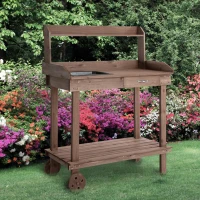 Outsunny 36.25"x17.75"x46.75'' Wooden Potting Bench Table Gardening Plant Workstation Natural Solid Wood with Drawer Sink Hook Open Shelf for Outside Patio Lawn Garden, Brown(m-10)