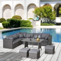 Outsunny 10PCs Garden Rattan Corner Dining Sofa Set 9-Seater Patio Furniture Set Glass Table Stools w/ Cushions & Pillow(m-15)