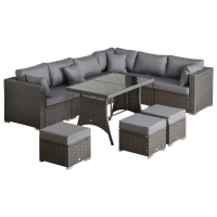 Outsunny 10PCs Garden Rattan Corner Dining Sofa Set 9-Seater Patio Furniture Set Glass Table Stools w/ Cushions & Pillow