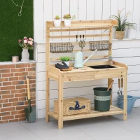 Outsunny Potting Bench Table, Garden Work Bench, Workstation with Metal Sieve Screen, Removable Sink, Additional Hooks and Baskets for Patio, Courtyards, Balcony(m-10)