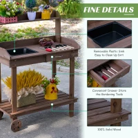 Outsunny 36.25"x17.75"x46.75'' Wooden Potting Bench Table Gardening Plant Workstation Natural Solid Wood with Drawer Sink Hook Open Shelf for Outside Patio Lawn Garden, Brown(m-5)