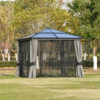 Outsunny 3 x 3(m) Hardtop Gazebo with UV Resistant Polycarbonate Roof & Aluminium Frame, Garden Pavilion with Mosquito Netting and Curtains(m-10)