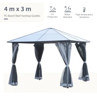 Outsunny 4 x 3(m) Garden Aluminium Gazebo Hardtop Roof Canopy Marquee Party Tent Patio Outdoor Shelter with Mesh Curtains & Side Walls - Grey(m-4)