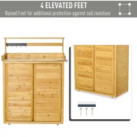 Outsunny Wooden Potting Bench 3-Tier Storage Cabinet Work Station Table Lockable Organizer with Magnetic Latch Hooks Foot Pads 34.25" x 17.75" x 47.25" Brown(m-4)