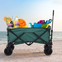 Outsunny Outdoor Pull Along Cart Folding Cargo Wagon Trailer Trolley  for Beach Garden Use with Telescopic Handle, Anti-Slip Wheel - Green(m-9)