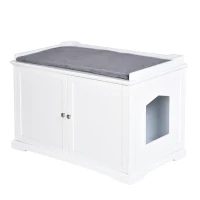 PawHut 95.3 x 54 x 63 cm Wooden Covered Mess Free Cat Litter Box End Table Hideaway Cabinet with Storage for Accessories, White(m-1)