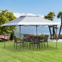 Outsunny 3.5 x 3.5m Garden Pop Up Gazebo Party Tent Canopy with Double Roof, 3-Level Adjustable Height and Roller Bag,  Light Grey & White(m-15)