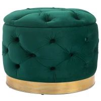 HOMCOM Pouf Rotondo con Vano Contenitore e Coperchio Rimovibile in Velluto Verde con Effetto Trapuntato e Base Oro(m-11)