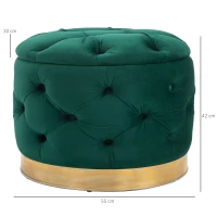 HOMCOM Pouf Rotondo con Vano Contenitore e Coperchio Rimovibile in Velluto Verde con Effetto Trapuntato e Base Oro(m-3)