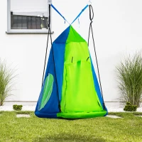 Outsunny Nest Swing with Tent Ø100 cm Garden Swing with Door and Window Disc Swing Children's Swing Kids Round Swing up to 200 kg Load Metal Green+Blue(m-4)