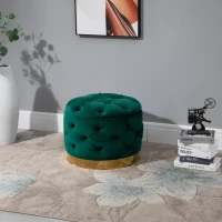 HOMCOM Pouf Rotondo con Vano Contenitore e Coperchio Rimovibile in Velluto Verde con Effetto Trapuntato e Base Oro(m-2)