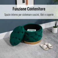 HOMCOM Pouf Rotondo con Vano Contenitore e Coperchio Rimovibile in Velluto Verde con Effetto Trapuntato e Base Oro(m-5)