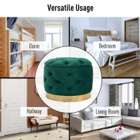 HOMCOM Pouf Rotondo con Vano Contenitore e Coperchio Rimovibile in Velluto Verde con Effetto Trapuntato e Base Oro(m-7)
