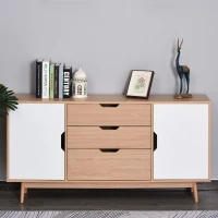 HOMCOM Moderna Credenza con 2 Armadietti ad Anta 4 Ripiani 3 Cassetti Piedini Rialzati e Ganci Antiribaltamento Bianco e Rovere MDF Grado E1, Piedini in Legno di Eucalipto 145Lx30Px75A cm(m-4)