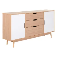 HOMCOM Moderna Credenza con 2 Armadietti ad Anta 4 Ripiani 3 Cassetti Piedini Rialzati e Ganci Antiribaltamento Bianco e Rovere MDF Grado E1, Piedini in Legno di Eucalipto 145Lx30Px75A cm(m-1)