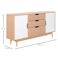HOMCOM Moderna Credenza con 2 Armadietti ad Anta 4 Ripiani 3 Cassetti Piedini Rialzati e Ganci Antiribaltamento Bianco e Rovere MDF Grado E1, Piedini in Legno di Eucalipto 145Lx30Px75A cm(m-3)
