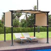 Outsunny Outdoor Retractable Pergola Garden Gazebo with Two Adjustable Side Canopy Overhead Sun Shade Backyard Canopy Cover, Steel Khaki 2.96x2.45x2.3m(m-2)