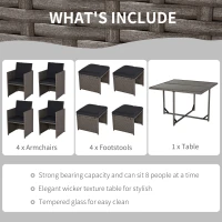Outsunny Set Mobilier de Gradina Extern 9 bucati Masa cu 4 Scaune 4 Taburet in Rattan, Maro(m-6)