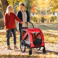PawHut 2-In-1 Dog Bike Trailer Pet Stroller with Universal Wheel Reflector Flag Red(m-2)