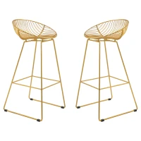 HOMCOM Set of 2 Bar Stools, Metal Wire Bar Chairs, Modern Iron High Stool for Kitchen, Pub Chair with Backrest, Footrest, Steel Frame, Gold(m-12)