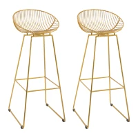 HOMCOM Set of 2 Bar Stools, Metal Wire Bar Chairs, Modern Iron High Stool for Kitchen, Pub Chair with Backrest, Footrest, Steel Frame, Gold(m-2)