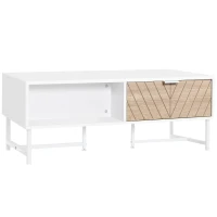 HOMCOM Mesa de Centro con Cajón Estante Abierto y Patas Elevadas de Metal Mesa de Café Nórdica para Salón Sofá Dormitorio 100x50x40 cm Blanco y Roble(m-1)