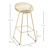 HOMCOM Set of 2 Bar Stools, Metal Wire Bar Chairs, Modern Iron High Stool for Kitchen, Pub Chair with Backrest, Footrest, Steel Frame, Gold(m-3)