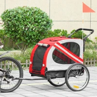 PawHut 2-In-1 Dog Bike Trailer Pet Stroller with Universal Wheel Reflector Flag Red(m-13)