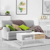 HOMCOM Mesa de Centro con Cajón Estante Abierto y Patas Elevadas de Metal Mesa de Café Nórdica para Salón Sofá Dormitorio 100x50x40 cm Blanco y Roble(m-10)