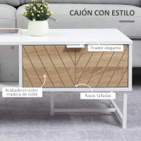 HOMCOM Mesa de Centro con Cajón Estante Abierto y Patas Elevadas de Metal Mesa de Café Nórdica para Salón Sofá Dormitorio 100x50x40 cm Blanco y Roble(m-6)