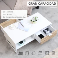 HOMCOM Mesa de Centro con Cajón Estante Abierto y Patas Elevadas de Metal Mesa de Café Nórdica para Salón Sofá Dormitorio 100x50x40 cm Blanco y Roble(m-4)