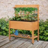 Outsunny 41.25"x15.75"x53.25" Wooden Planter Raised Elevated Garden Bed Planter Flower Herb Boxes for Vegetables Flower with Shelf and Wheels Solid Wood Outdoor/Indoor(m-2)