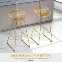 HOMCOM Set of 2 Bar Stools, Metal Wire Bar Chairs, Modern Iron High Stool for Kitchen, Pub Chair with Backrest, Footrest, Steel Frame, Gold(m-4)