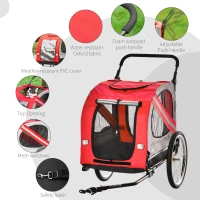PawHut 2-In-1 Dog Bike Trailer Pet Stroller with Universal Wheel Reflector Flag Red(m-7)