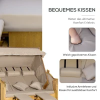 Outsunny Leżak plażowy dla 3 osób z daszkiem, 2 składanymi stolikami, podnóżkiem, chaise longue, 5-stopniowym oparciem, XXL, Polyrattan, naturalny, 150 x 79 x 160 cm(m-7)