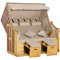 Outsunny Leżak plażowy dla 3 osób z daszkiem, 2 składanymi stolikami, podnóżkiem, chaise longue, 5-stopniowym oparciem, XXL, Polyrattan, naturalny, 150 x 79 x 160 cm(m-11)